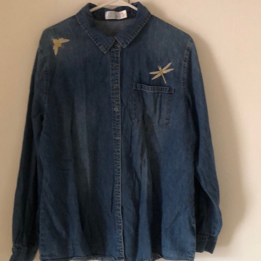 Denim chambray fall Y2k Shirt with Embroidered Dragonflies